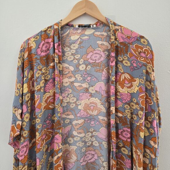 Rusttydustty Kimono Women’s Multicolor Floral 70s Boho Open Front Size Small - Picture 3 of 8